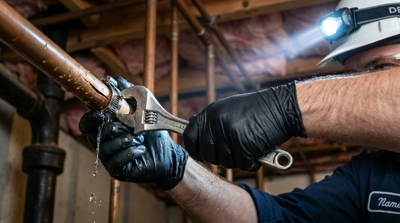 Emergency pipe clamp repair being performed by a Johns Plumbing LLC plumber in Naranjito