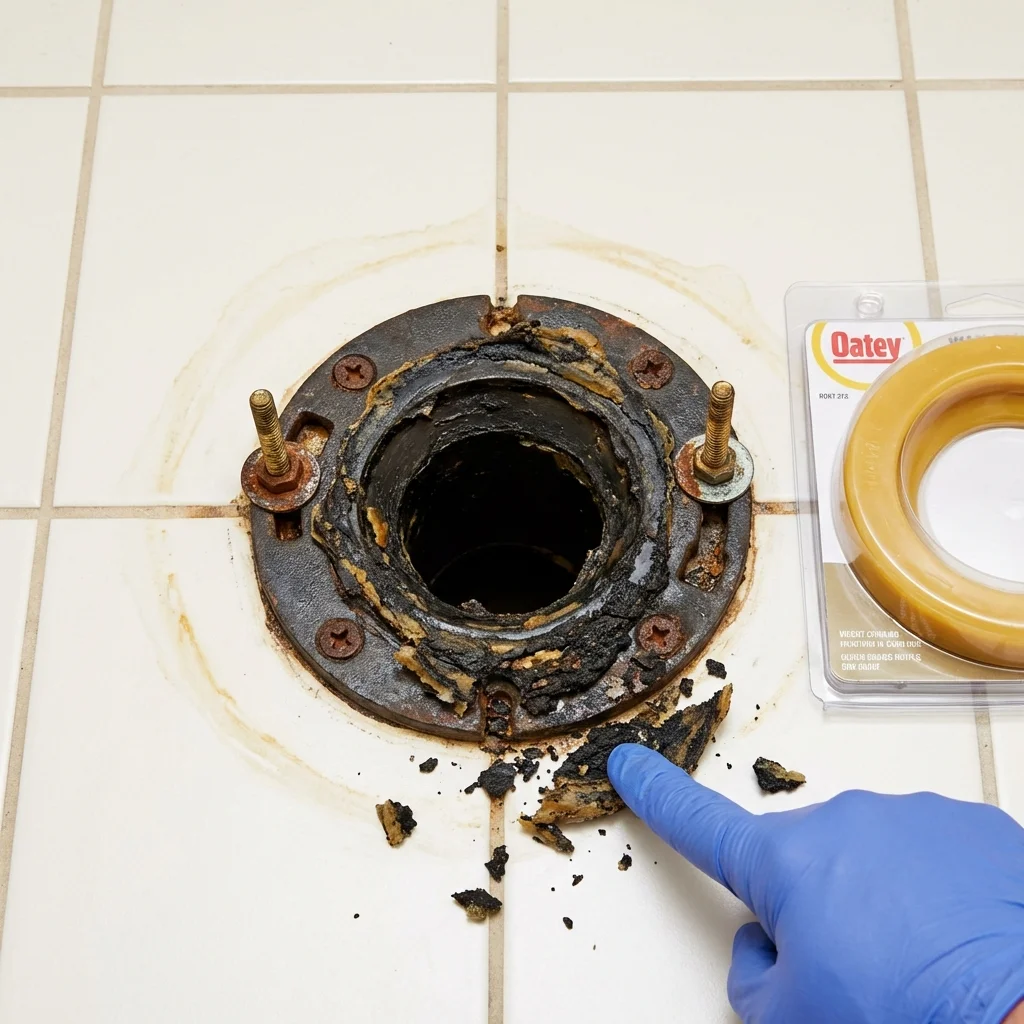 Failed wax ring showing water seepage at the base of a toilet in a Naranjito, PR home